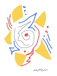 a drawing of a yellow, blue, and red sun